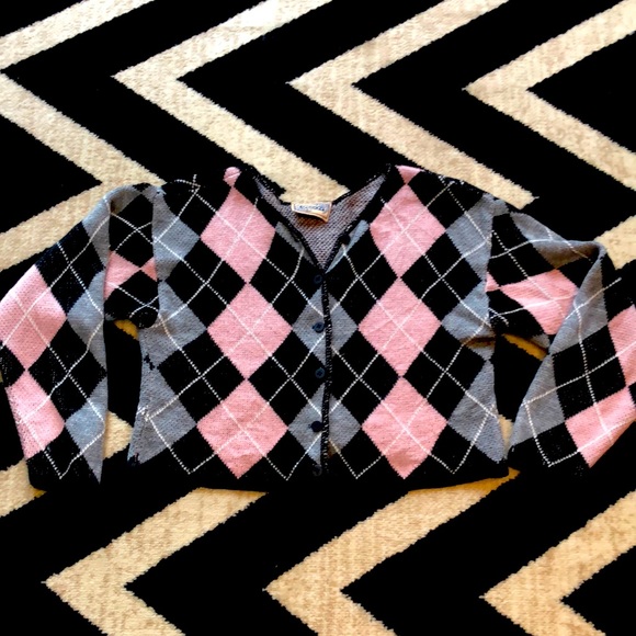 Vintage pink black argyle Sasson 80s Madonna retro cropped sweater cardigan boho - Picture 1 of 7